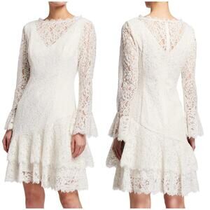 Shani NWT Double Ruffle Long Bell Sleeve Tiered Lace Dress White Size 6 Bridal